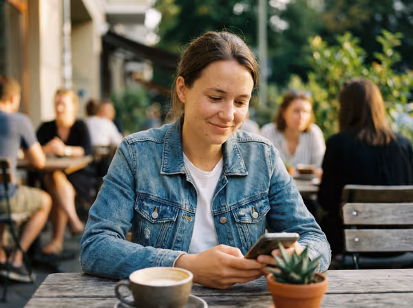 Woman enjoying wireless freedom at a cafe with Vouch Mobile
