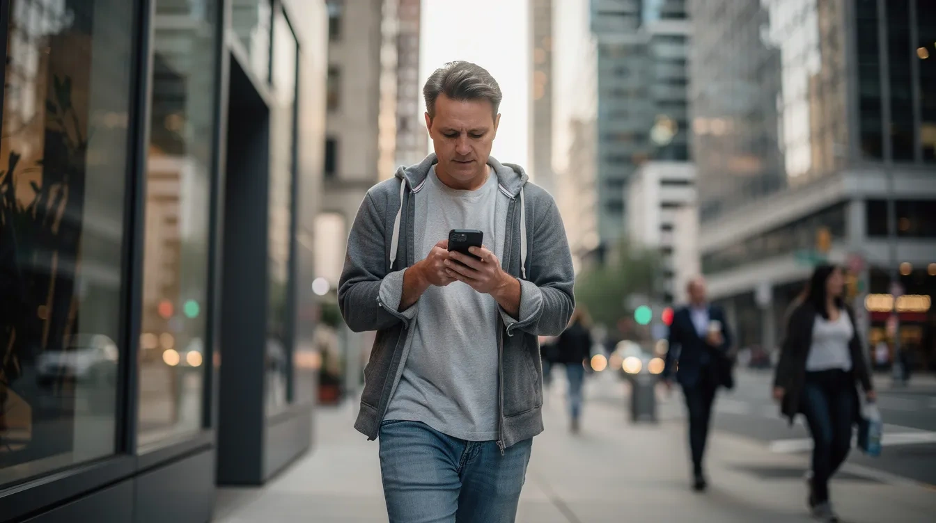 A person is walking outdoors in a city while using their smartphone, likely accessing social media apps or navigating with Google Maps, utilizing cellular data for internet connectivity. The scene captures the essence of modern urban life, where mobile data usage is essential for staying connected on the go.