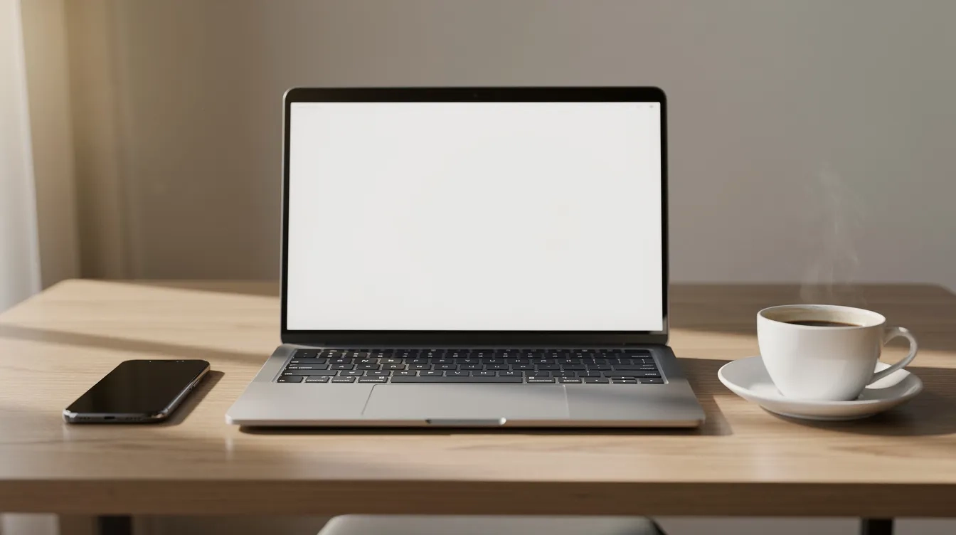 A laptop and a smartphone sit on a wooden desk next to a steaming cup of coffee, illustrating a workspace where internet connectivity is essential for tasks such as accessing emails and social media apps. The devices are ready for use, showcasing the importance of a reliable mobile data plan for staying connected.