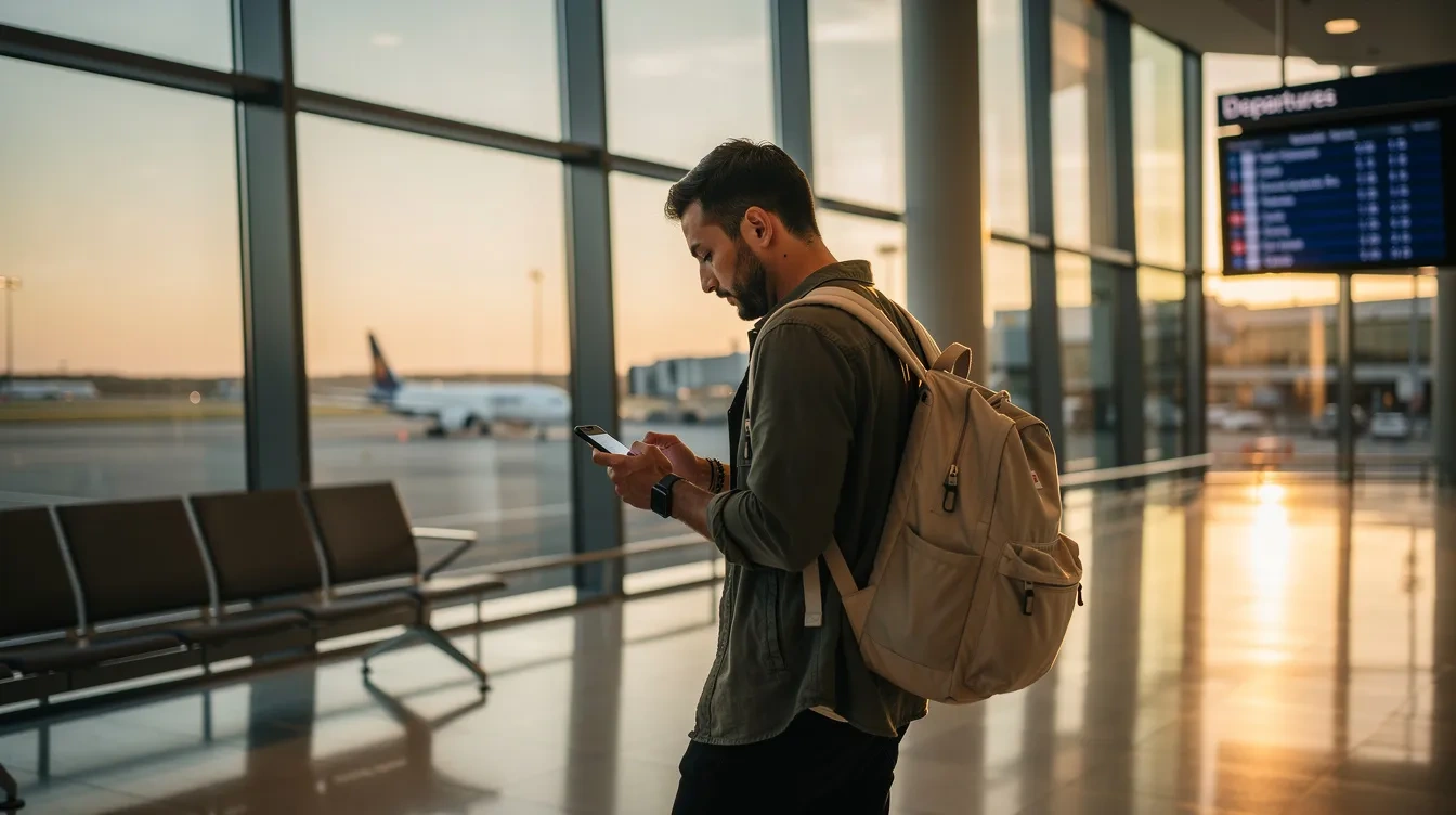 A traveler stands near large airport windows, intently using a smartphone to check their mobile data options. The device's screen indicates "no sim restrictions," suggesting the phone is unlocked and ready for switching carriers or using local sim cards while traveling.
