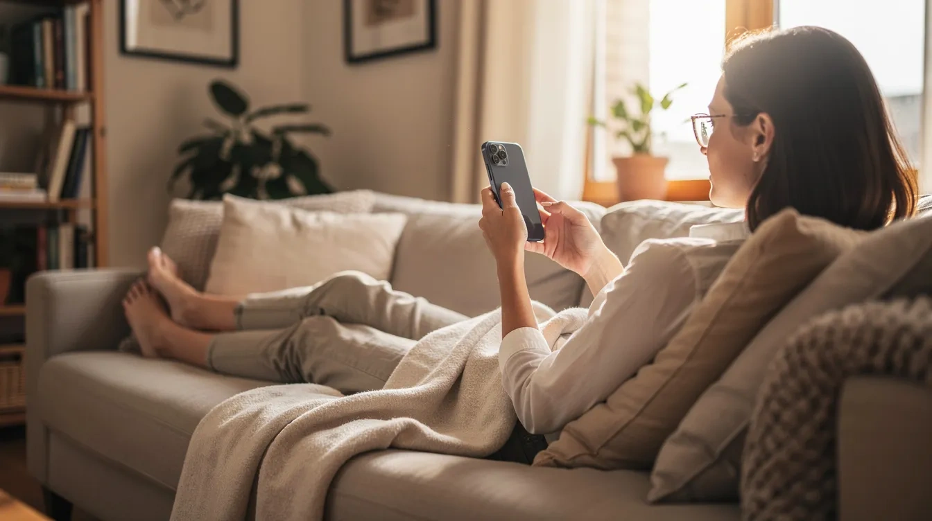 A person is comfortably relaxing at home, using an unlocked smartphone to browse through various apps. The device shows no sim restrictions, allowing for greater flexibility in switching carriers and accessing different mobile data plans.